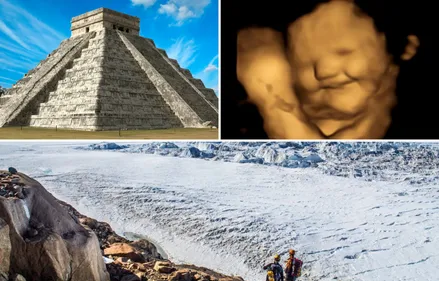 Montage showing an structure in Mayapan, a 4D fetus scan and researchers in Antarctica